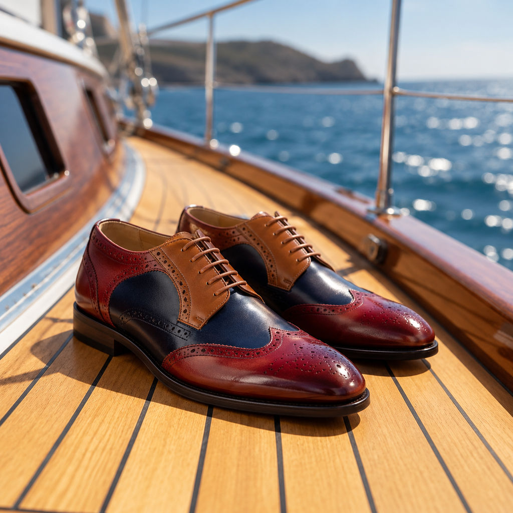 Handmade Men's Polished Tricolor Wingtip Brogues