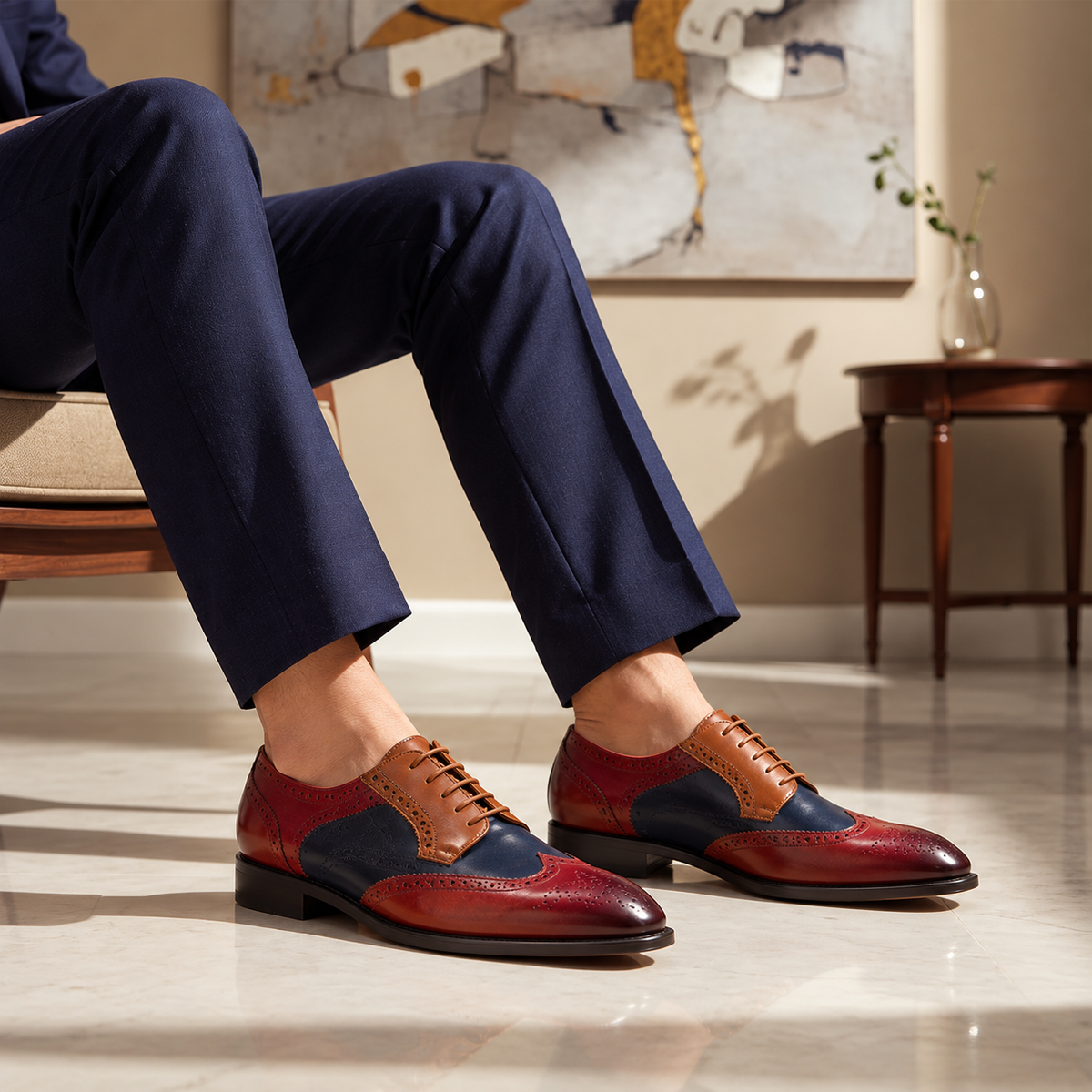 Handmade Men's Polished Tricolor Wingtip Brogues